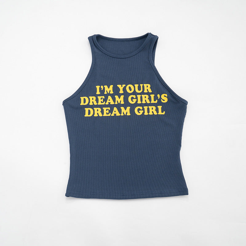 Women Solid  Letters Printing Thread Sleeveless Vest