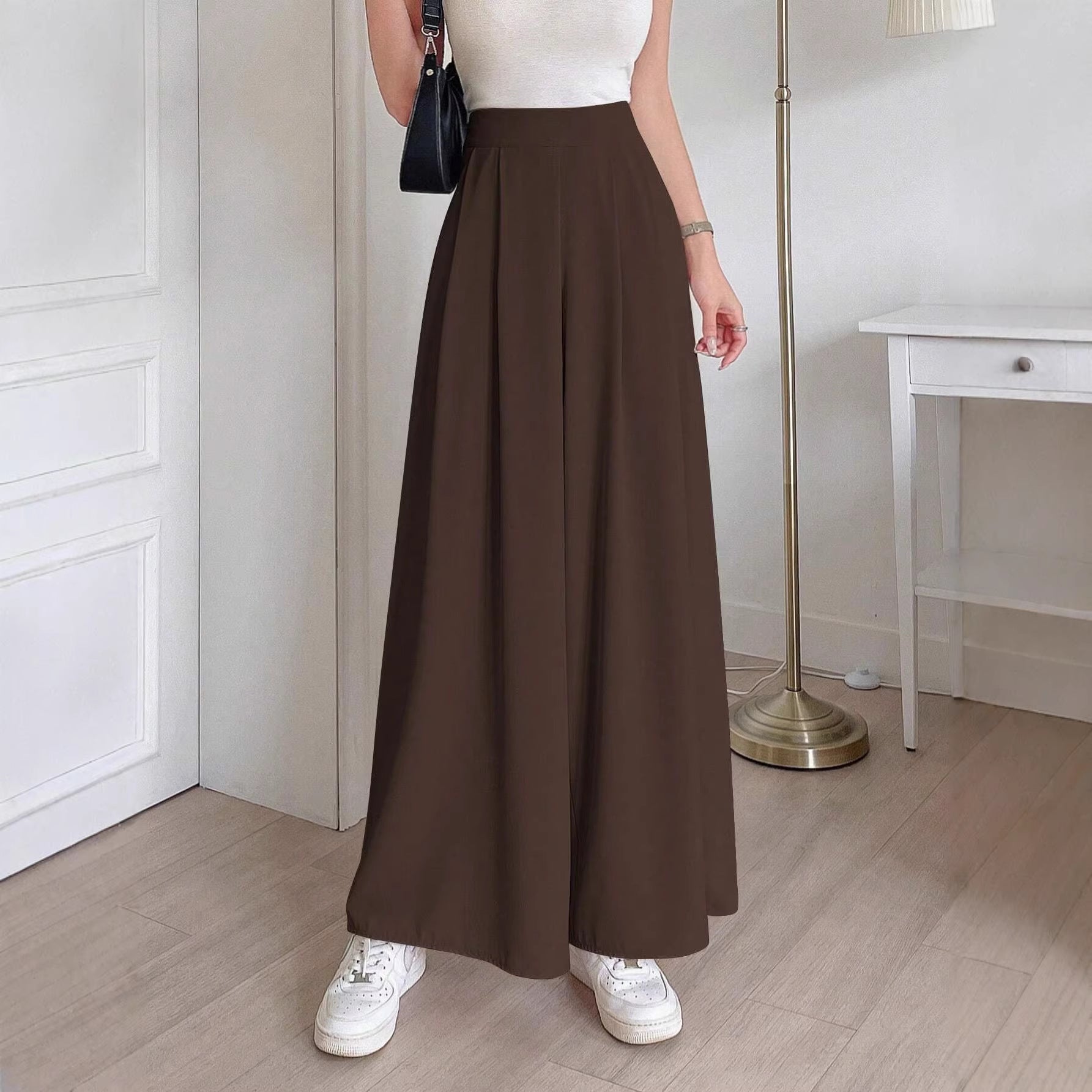 Retro Easy Matching Brown Coffee Color Draping Wide Leg Pants Office High Waist Petite Slimming Women Casual Pants