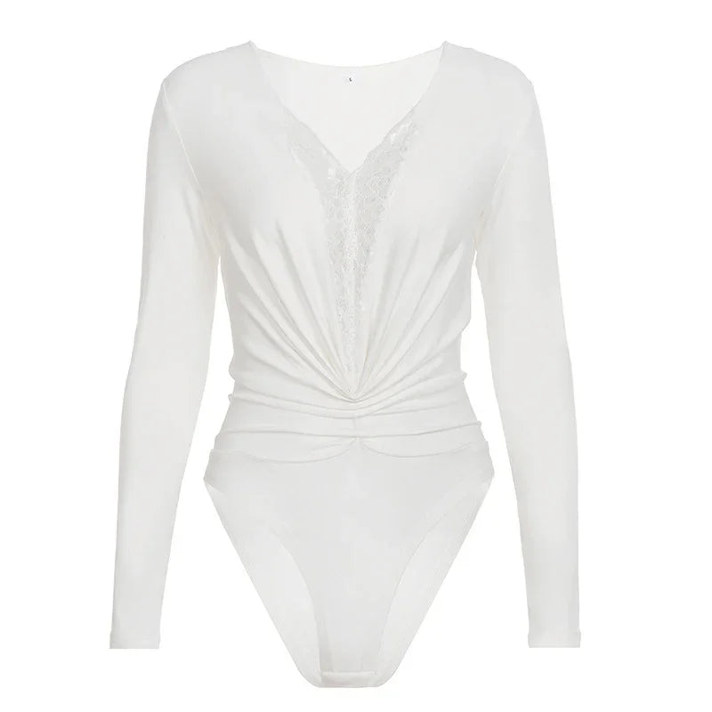 Ozone Park Sexy Lace V neck Long Sleeved Pleated Slim Top