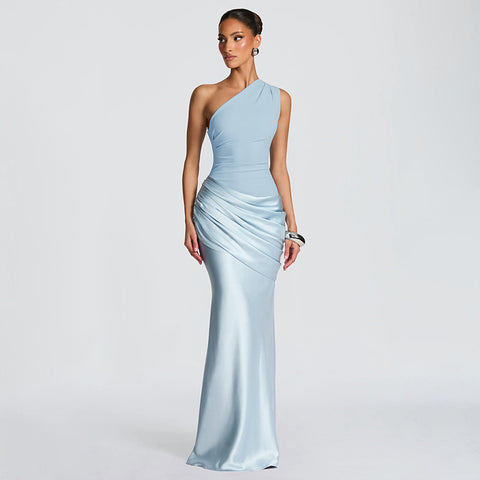 Gazcue Socialite One Shoulder Pleated Stitching Hip Fishtail Dress