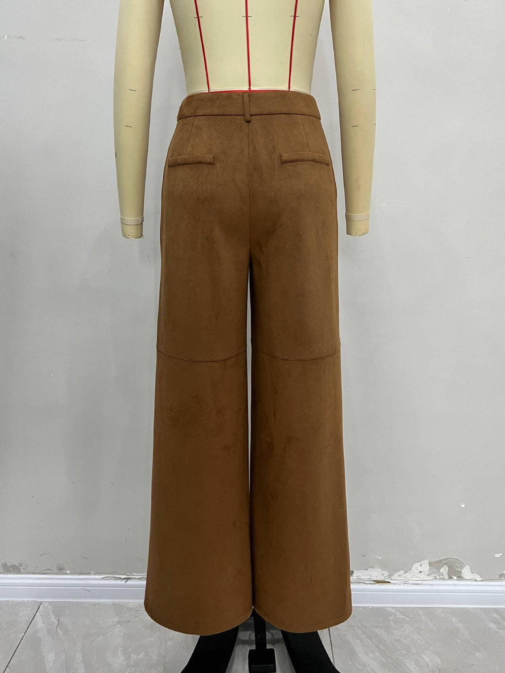 Autumn Winter Suede Outer Single Women Pants High Waist Double Pocket Design Casual Straight Leg Wide Leg Pants
