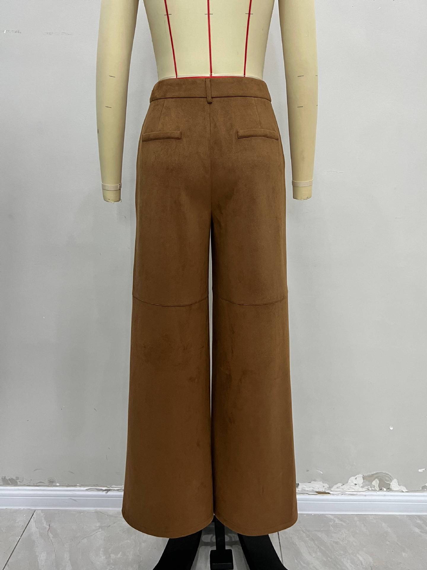 Autumn Winter Suede Outer Single Women Pants High Waist Double Pocket Design Casual Straight Leg Wide Leg Pants