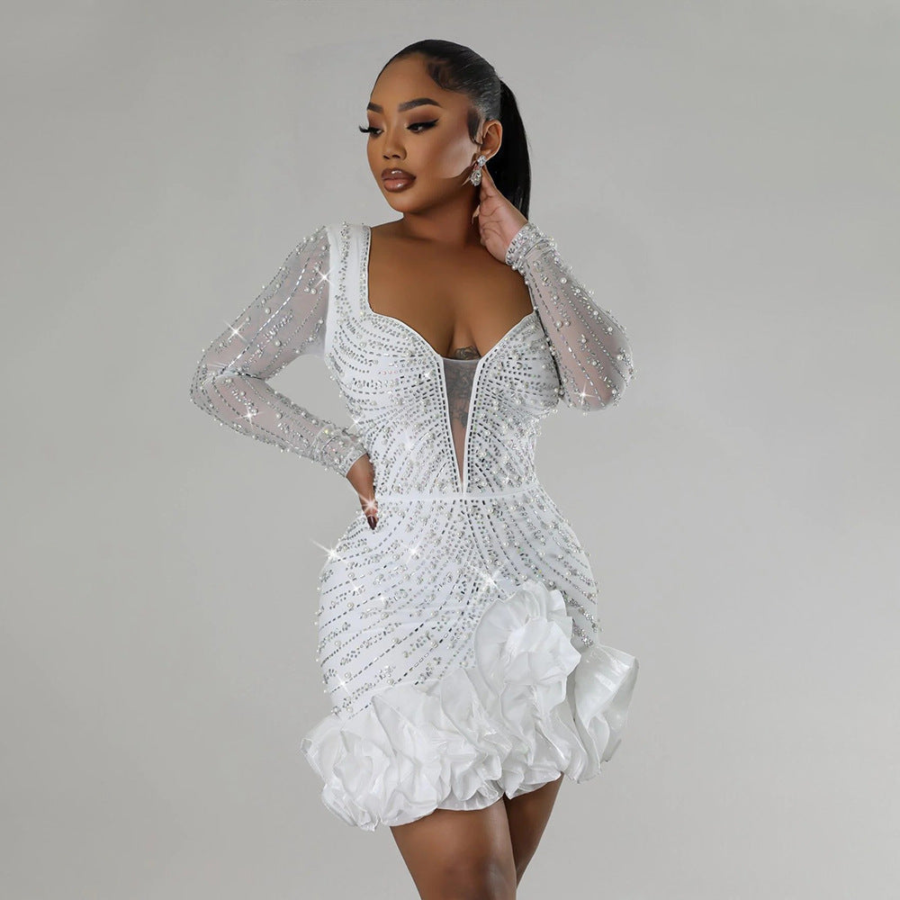 Fayetteville Drilling Bubble Beads Long Sleeve Square Collar Mini Dress