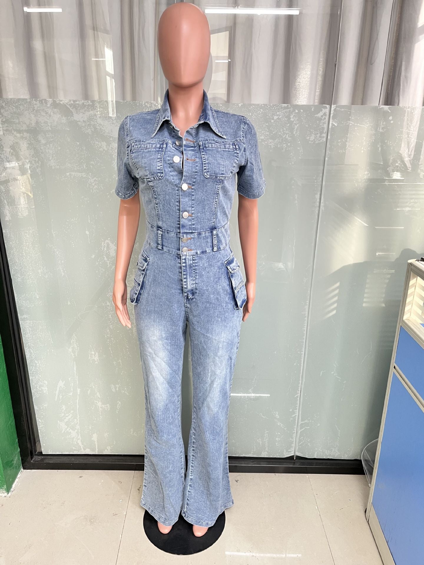 Waist Slim Elastic Fried Floral Wash Denim Jumpsuit Jumpsuit Bell Bottom Pants