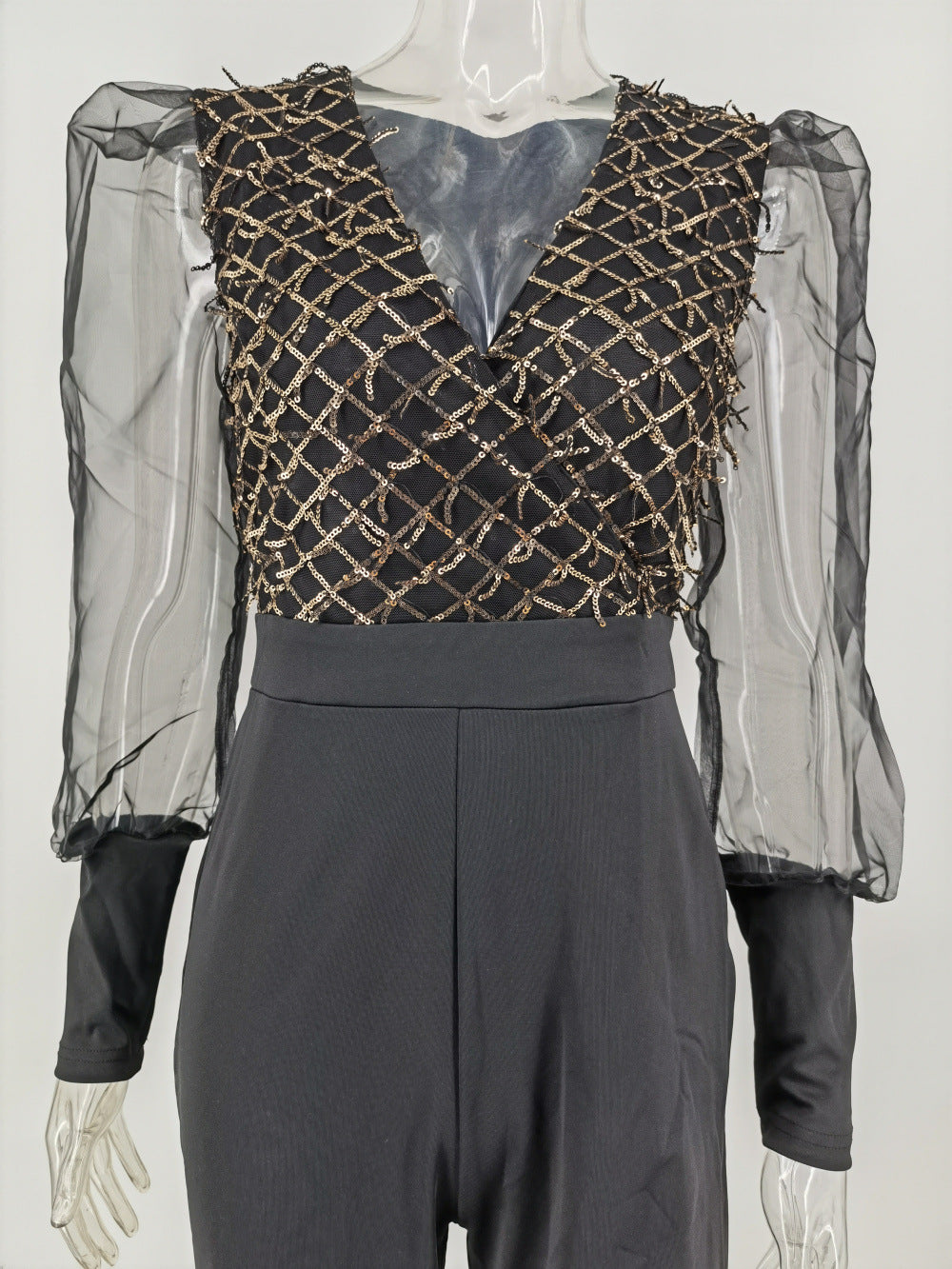 Sexy Retro Mesh Long Sleeve Stitching Jumpsuit Women Clothing