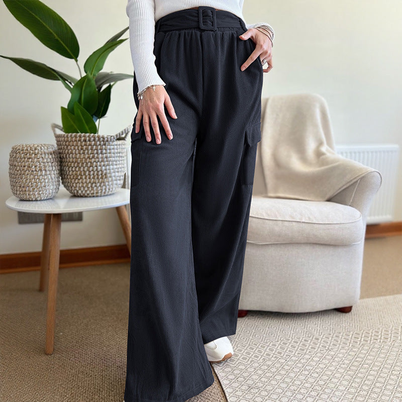 Autumn Winter Casual Simple Loose Solid Color Corduroy Wide Leg Pants Women