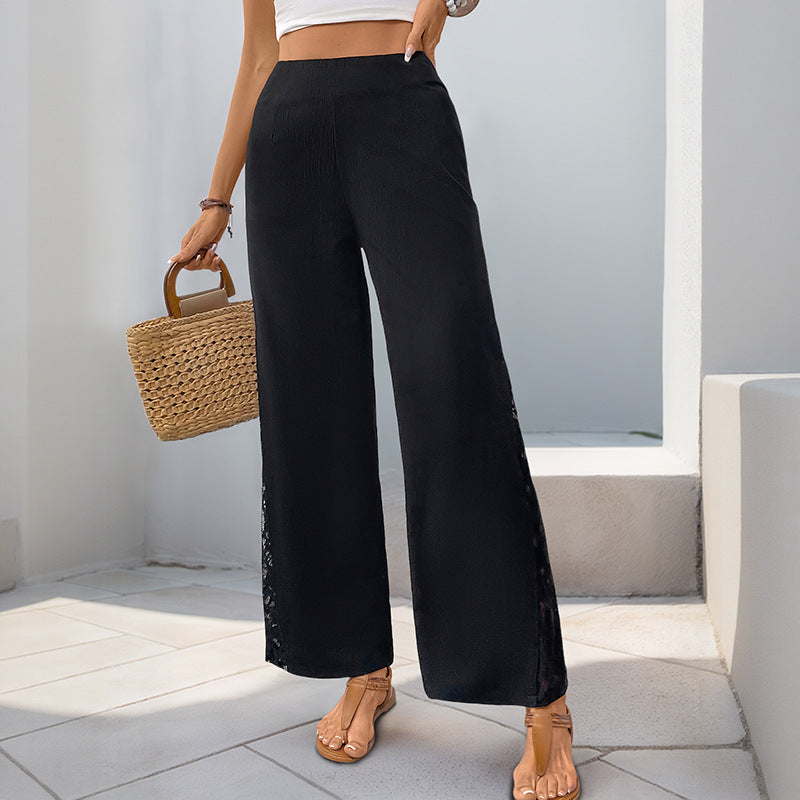 Elegant Lightly Mature Side Lace Stitching Black High Waist Wide Leg Pants