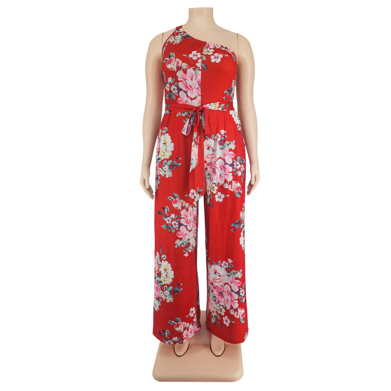 Plus Size Women Clothing Summer Large Floral Printing Casual Jumpsuit