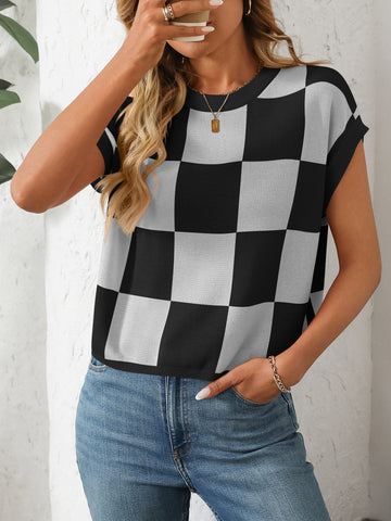 Summer Sleeve Block round Neck Plaid