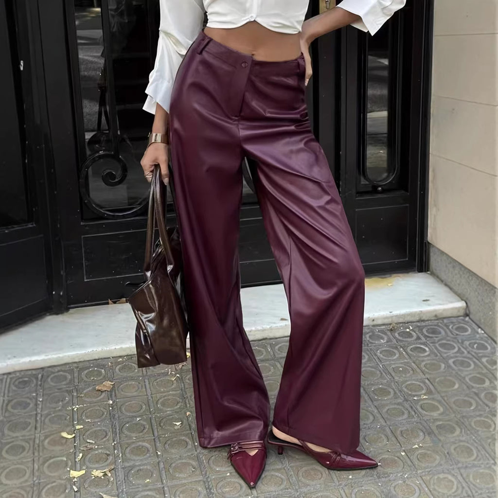 Leather Wide Leg Pants Women High Sense High Waist Suit Leather Pants Slimming Casual Pants