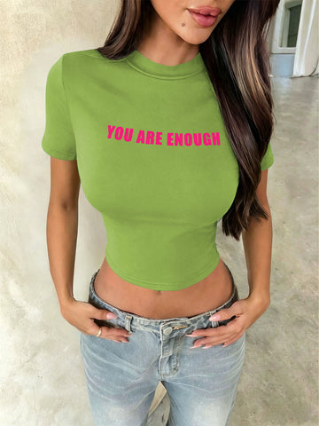 Letter Print Sleeve Slim Fit Cropped