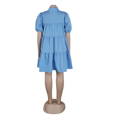 Secaucus Puff Sleeve Single Breasted Lapel Collar Babydoll Street White Big Swing Dress