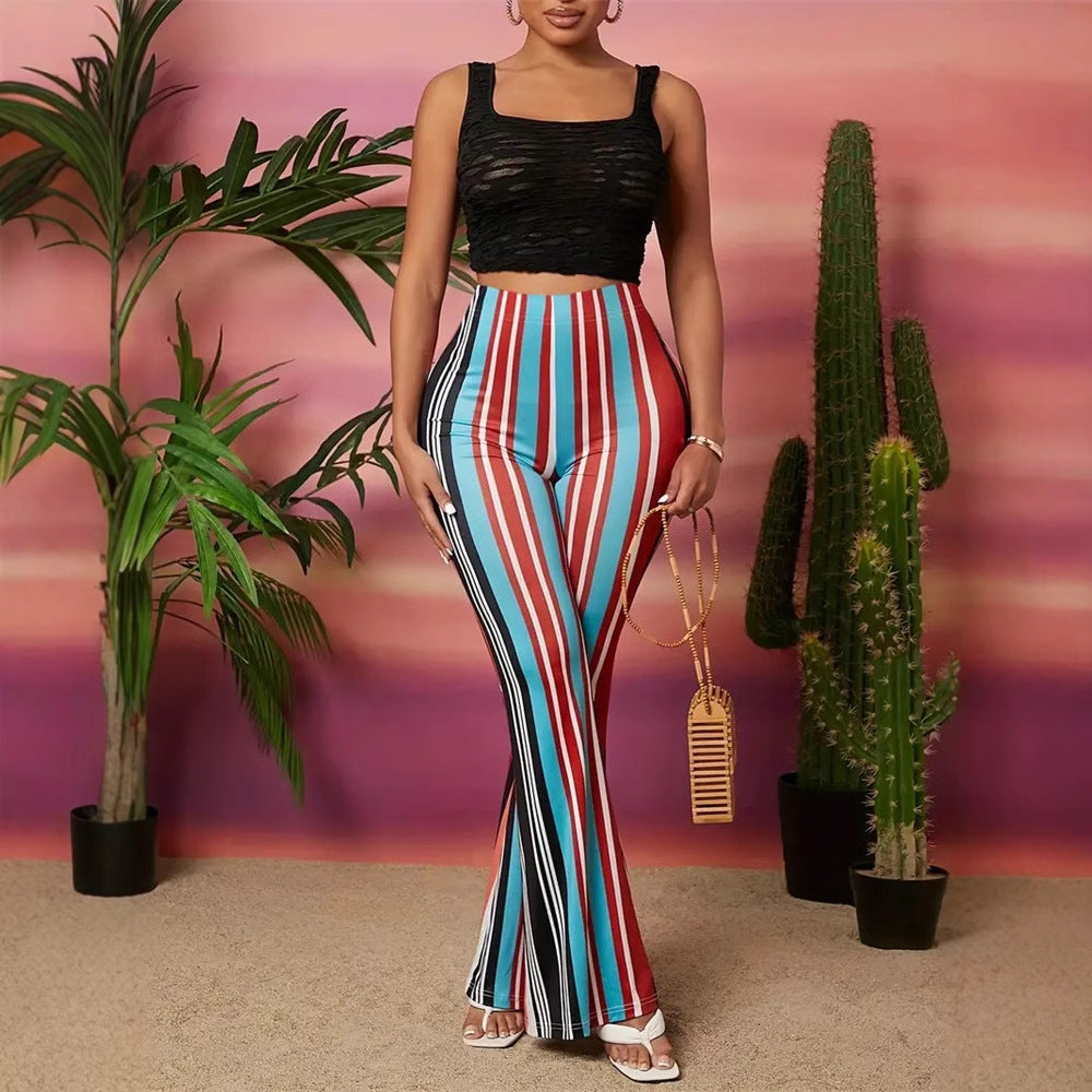 Women Pants Personality Hippie Clothing Elastic Waist Color Striped Printing Slim Fit Bell Bottom Pants