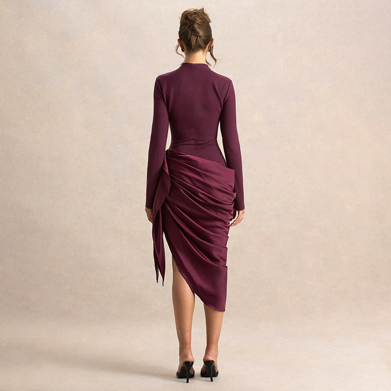 Washington Elegant Solid Color Waist Tight Irregular Asymmetric Mid Length Dress