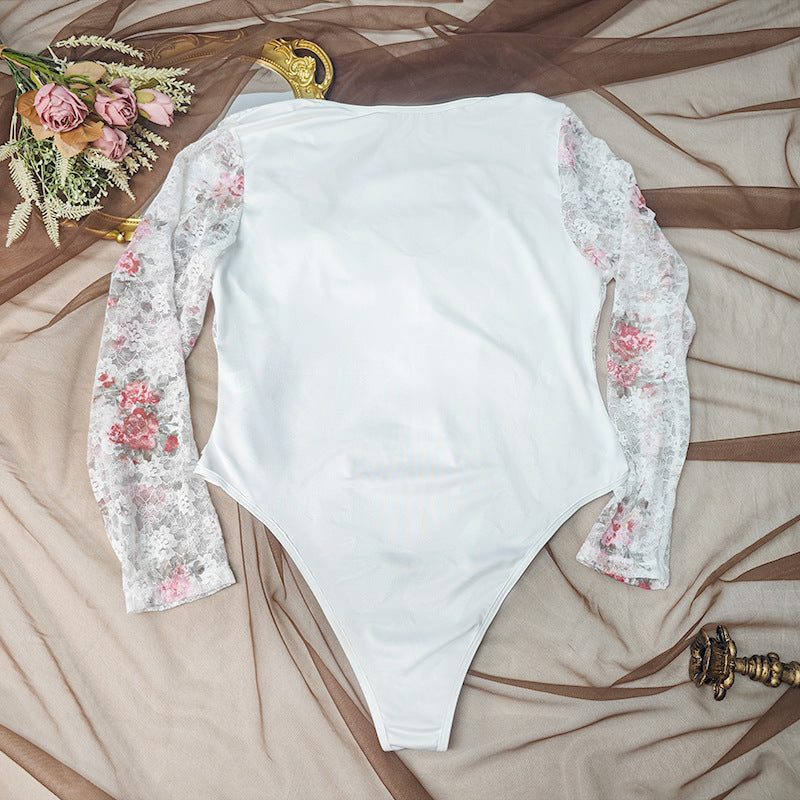 Plus Size One Piece Underwear See through Sexy Long Sleeved Tight Women Lace Jumpsuit