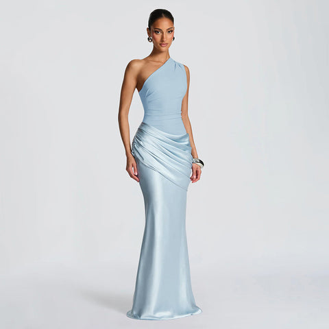 Gazcue Socialite One Shoulder Pleated Stitching Hip Fishtail Dress