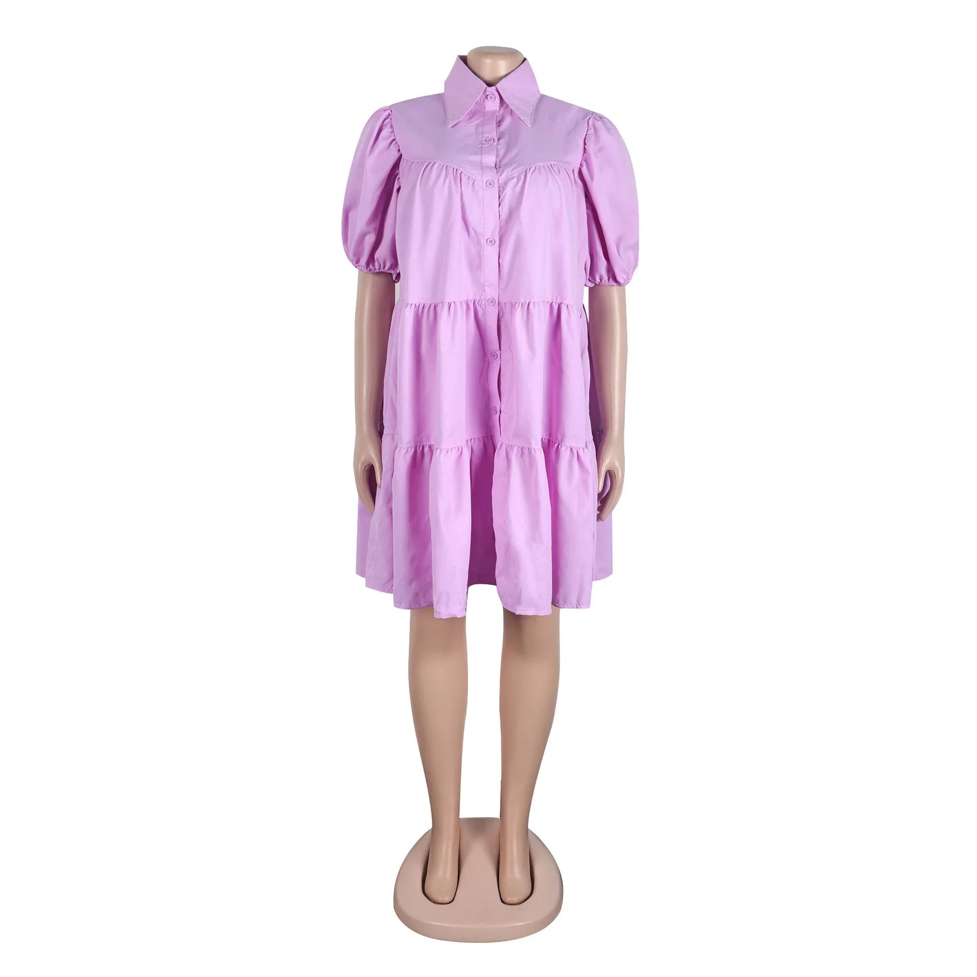 Secaucus Puff Sleeve Single Breasted Lapel Collar Babydoll Street White Big Swing Dress