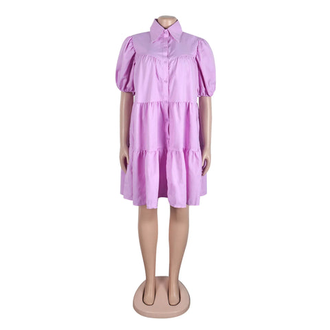 Secaucus Puff Sleeve Single Breasted Lapel Collar Babydoll Street White Big Swing Dress