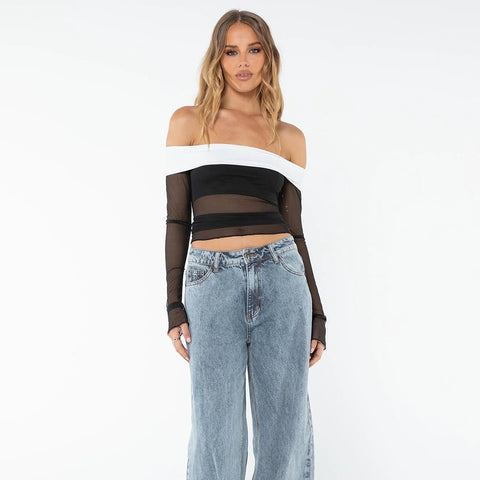 Autumn Contrast off Neck Sheer Long Sleeve