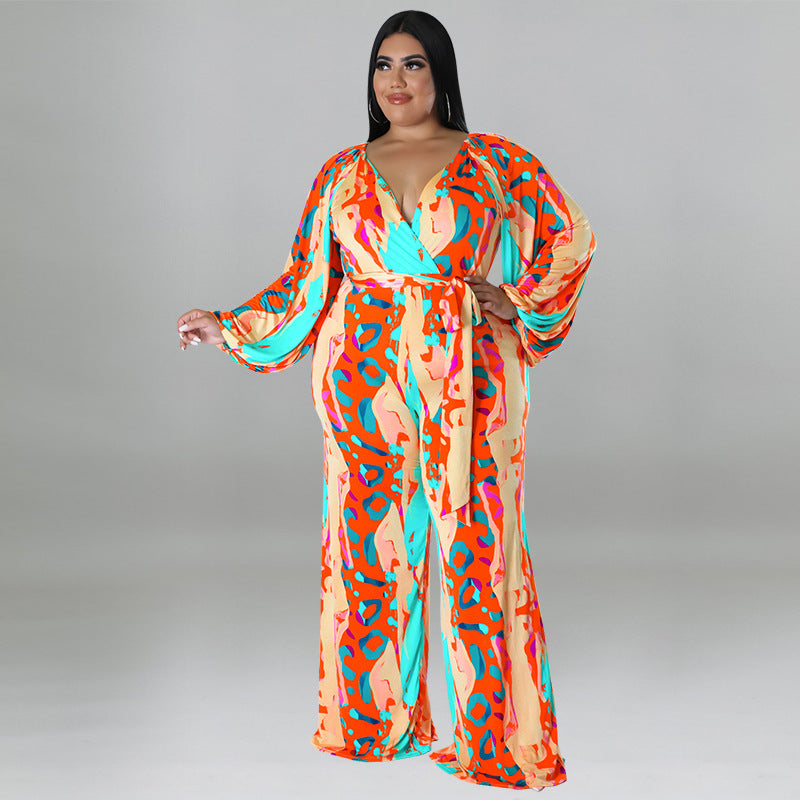 plus Size Women Clothing Autumn Printed Sexy off the Shoulder Long Sleeve Jumpsuit
