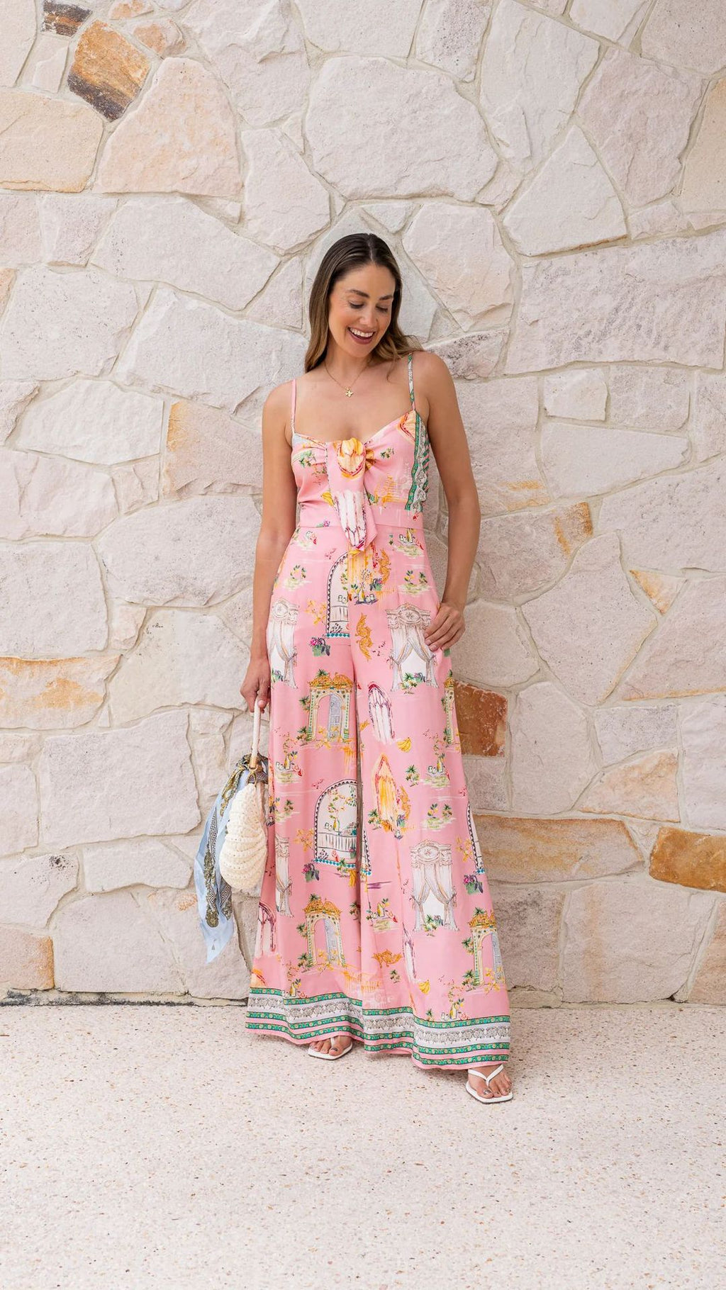 Summer Positioning Printing Casual V neck Strap Wide Leg Lace up Jumpsuit