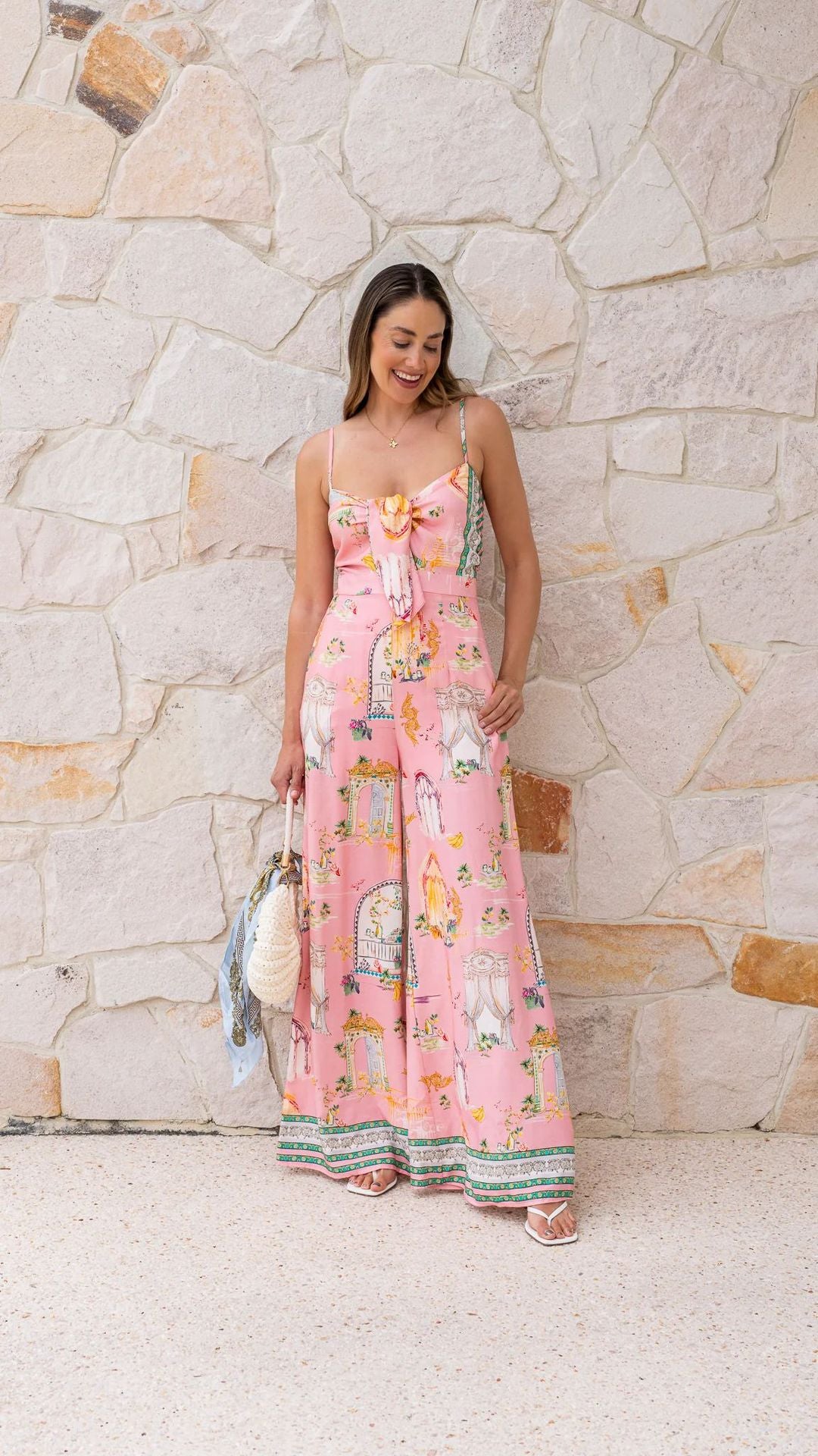 Summer Positioning Printing Casual V neck Strap Wide Leg Lace up Jumpsuit