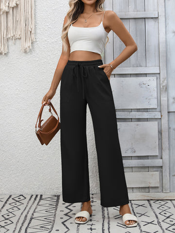 Summer Women Casual Drawstring Elegant Trousers Wide Leg Pants with Pockets