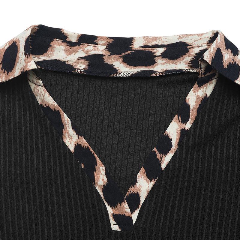 Pleasantville Stitching Leopard Print Collared Knitted Top