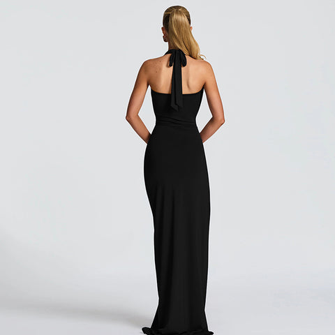 Herdenson Sexy Deep V Plunge neck Solid Color Split Halter Backless Dress