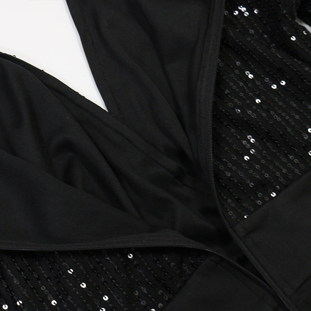 Sexy Deep V Plunge Sequined Long Sleeve Loose Jumpsuit Women Clothing