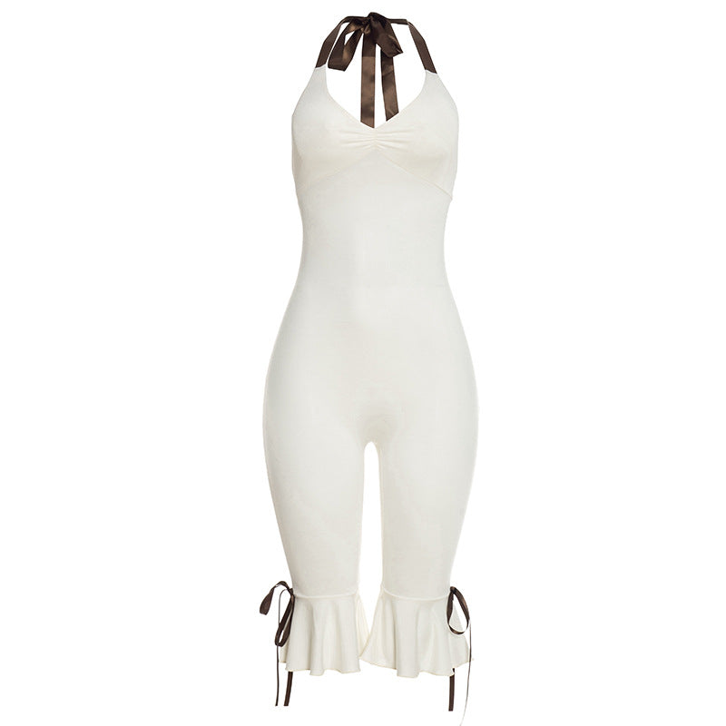 Women Clothing Summer Solid Color Casual Slim Sleeveless Backless Halter Lace up Long Conjoined Trousers