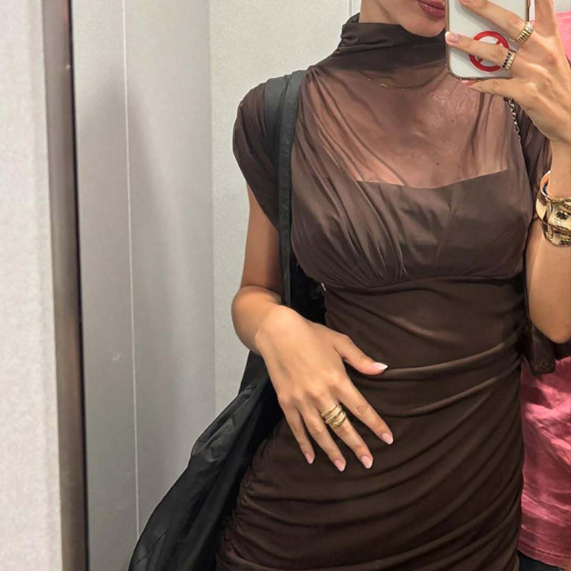 El Seibo Sexy Socialite Tight Waist Close Fitting Stitching Gauzy Hip Maxi Dress