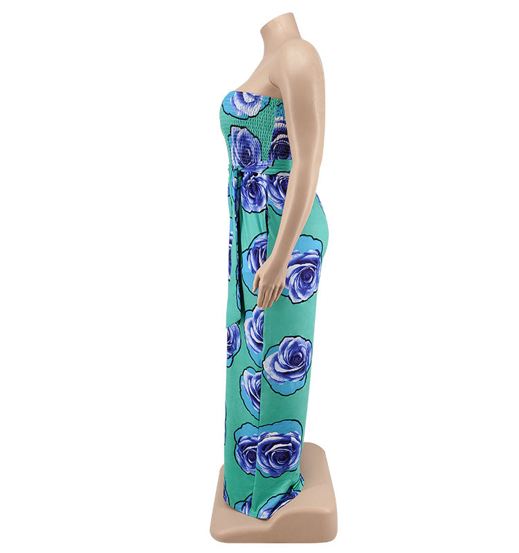 Plus Size Women Clothing Summer Smocking Cool Sleeveless Rose Tube Top Jumpsuit