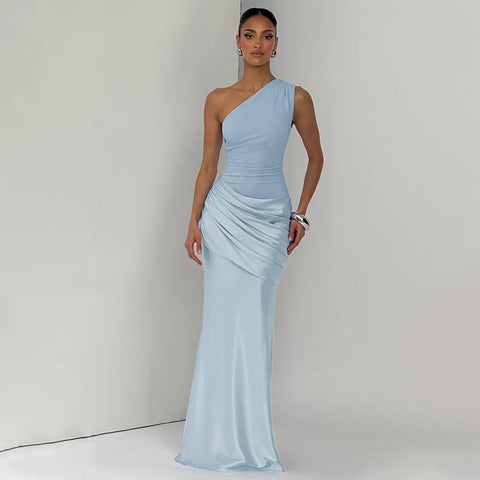 Gazcue Socialite One Shoulder Pleated Stitching Hip Fishtail Dress