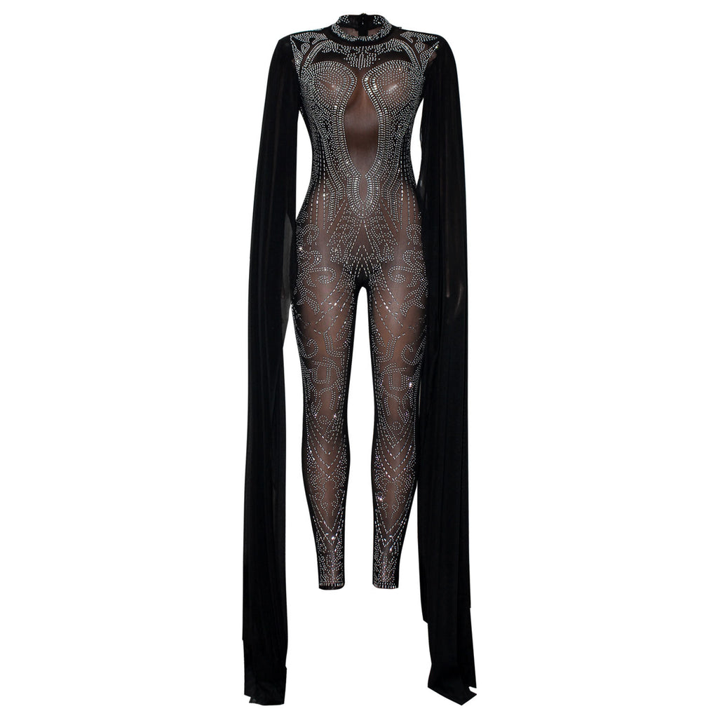 Autumn Winter Women Clothing Sexy Mesh Rhinestone See through Nightclub Jumpsuit Women