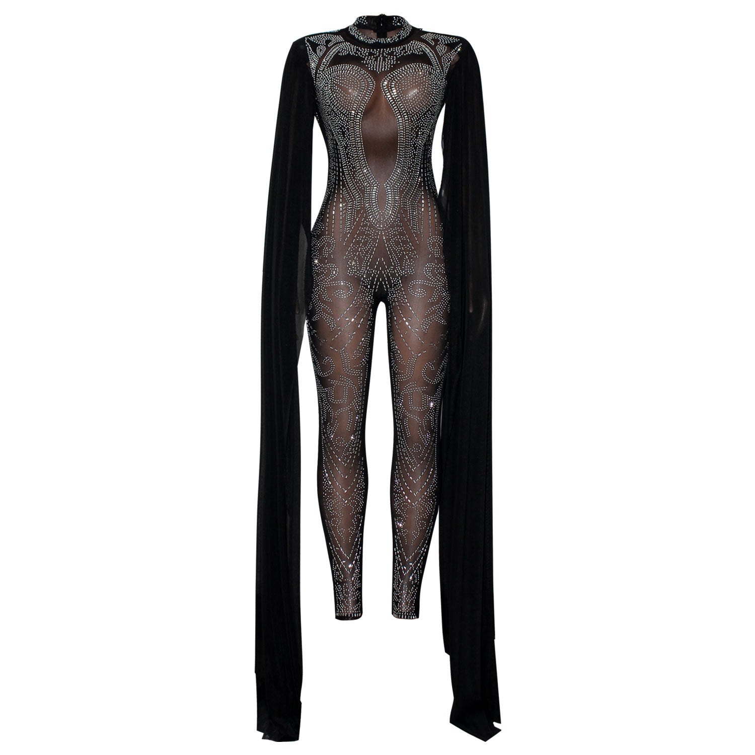 Autumn Winter Women Clothing Sexy Mesh Rhinestone See through Nightclub Jumpsuit Women