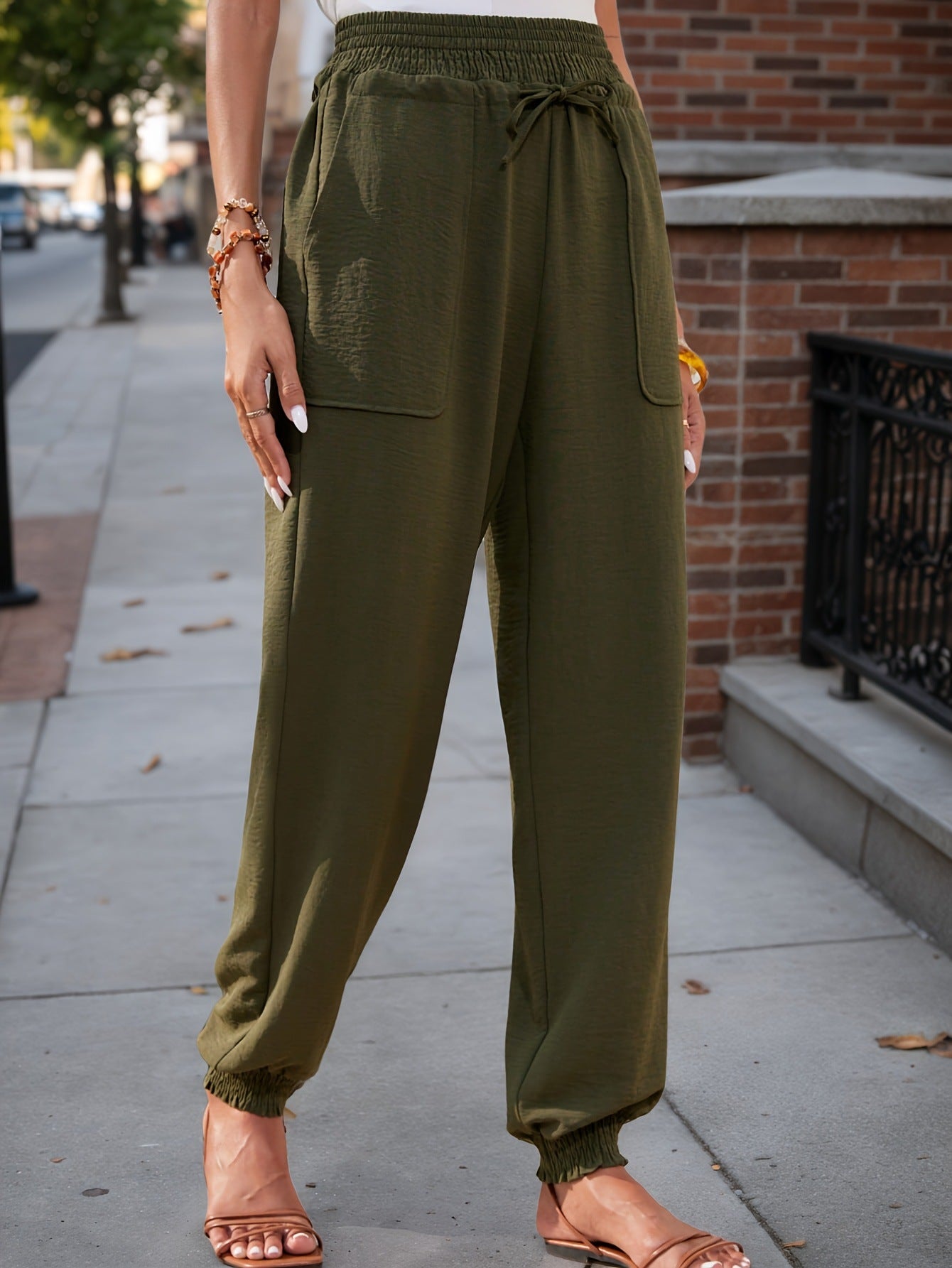 High Waist Loose Harem Casual with Big Pockets Women Pants Smocking Elastic Waist Wide Leg Pants