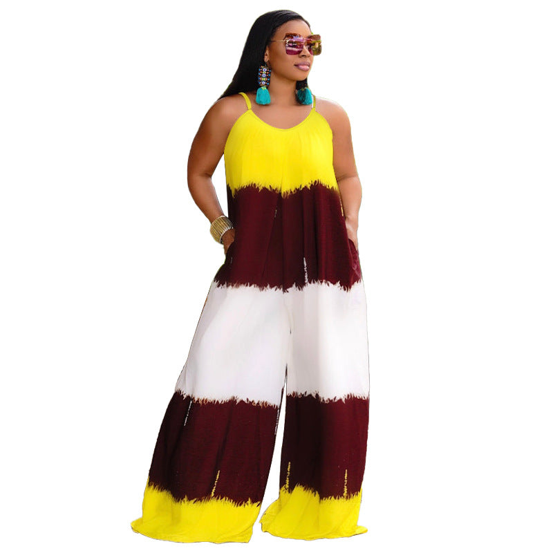 Plus Size New Patchwork Printed Suspenders Fashion Casual Long Women Clothes Jumpsuit