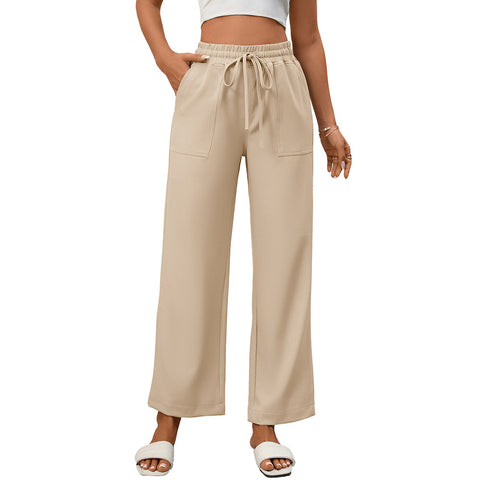 Summer Women Casual Drawstring Elegant Trousers Wide Leg Pants with Pockets