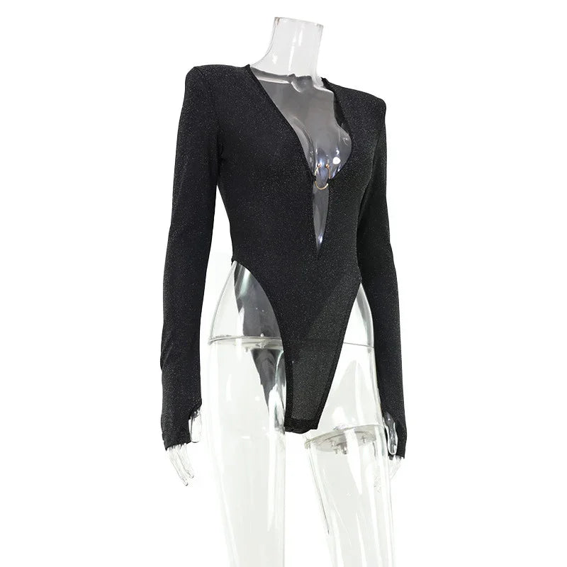 Woodbury Hollow Out Cutout Low Cut Solid Color Tight Flattering Long Sleeve Top