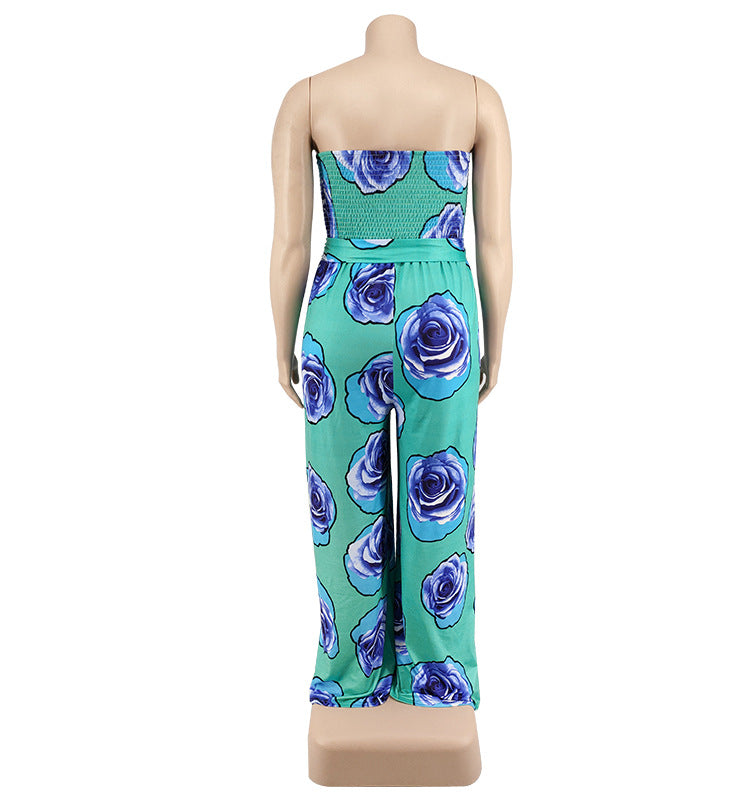 Plus Size Women Clothing Summer Smocking Cool Sleeveless Rose Tube Top Jumpsuit