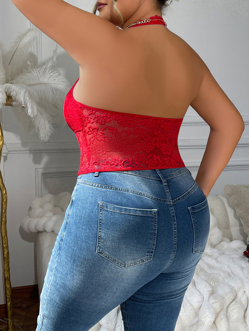 Plus Size Lace Sexy Slim Top Popular Hollow Out Cutout out Short Halterneck Vest