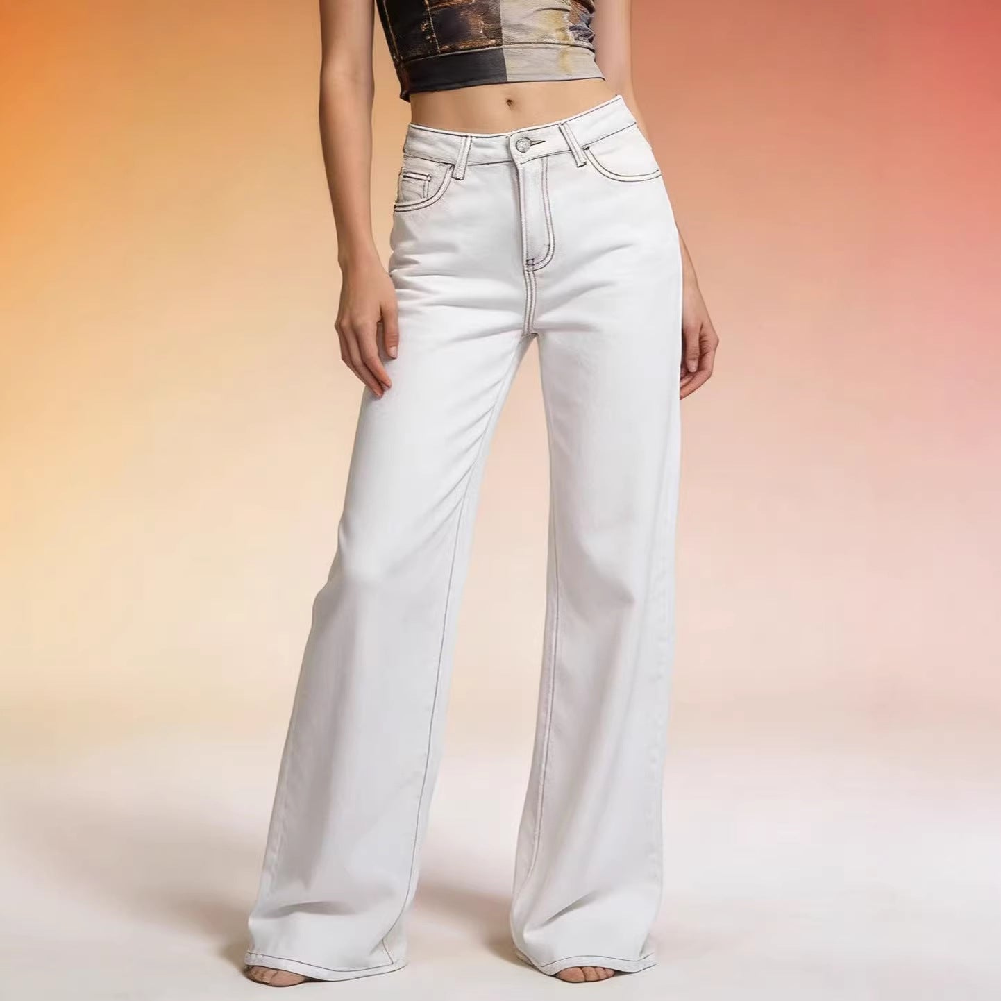 White Bow Strawberry Cute Patch Straight Low Waist Loose Fitting Women Jeans