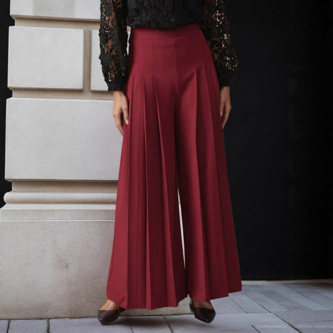 Solid Color High Waist Ruched Waist Slimming Design Waist Pantskirt Flab Hiding Modified Leg Wide Leg Pants