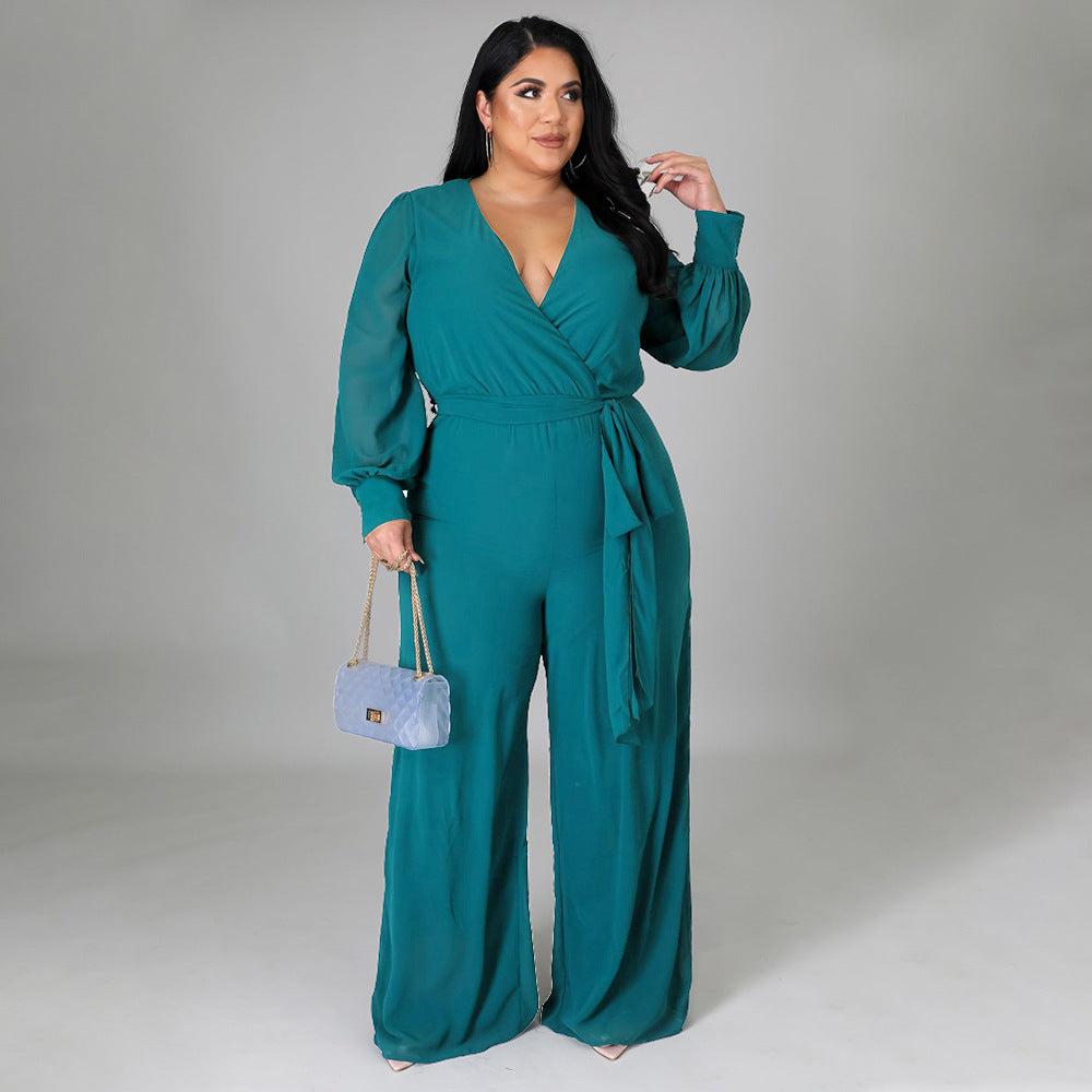 Plus Size Women Loose Straight Solid Color Belt Jumpsuit