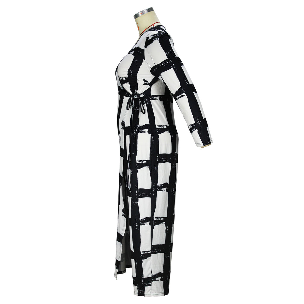 Plus Size Women Clothing V Neck Elements Printed Long Sleeve Loose Jumpsuit