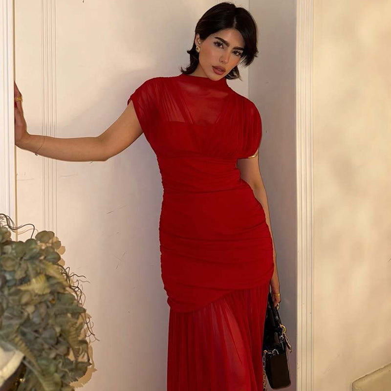 El Seibo Sexy Socialite Tight Waist Close Fitting Stitching Gauzy Hip Maxi Dress