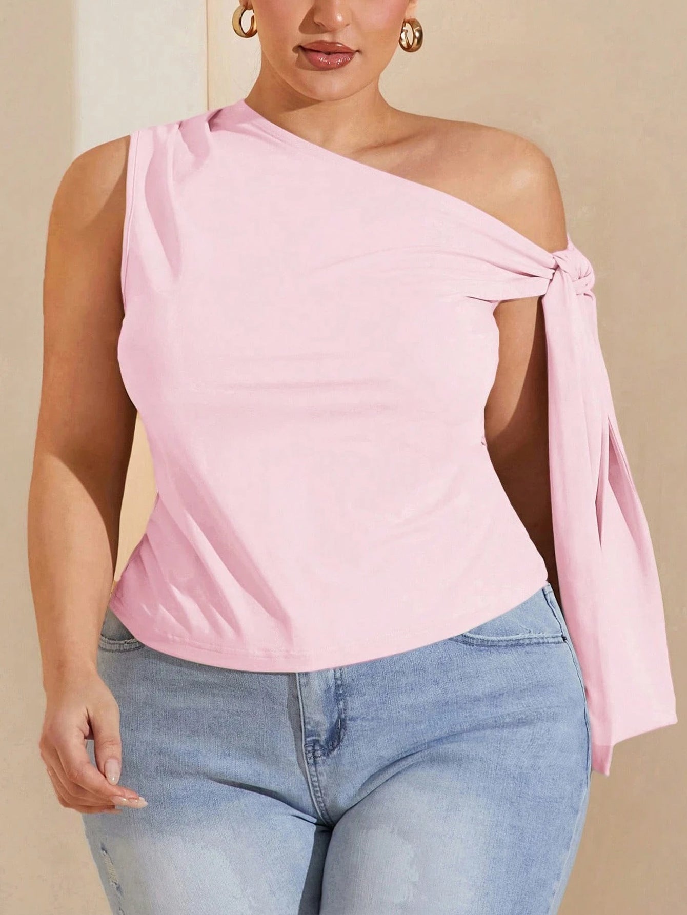 Plus Size Pink Sweet Shoulder Lace up Sexy Top