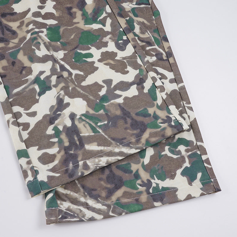 Retro Casual Camouflage Waist Contrast Color Trousers Women Street Sweet Spicy Loose Draggle Tail Straight Trousers
