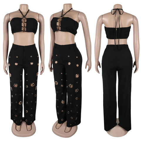 Beacon Falls Sleeveless Strapless Wide Leg Hole Hollow Out Two Piece Set